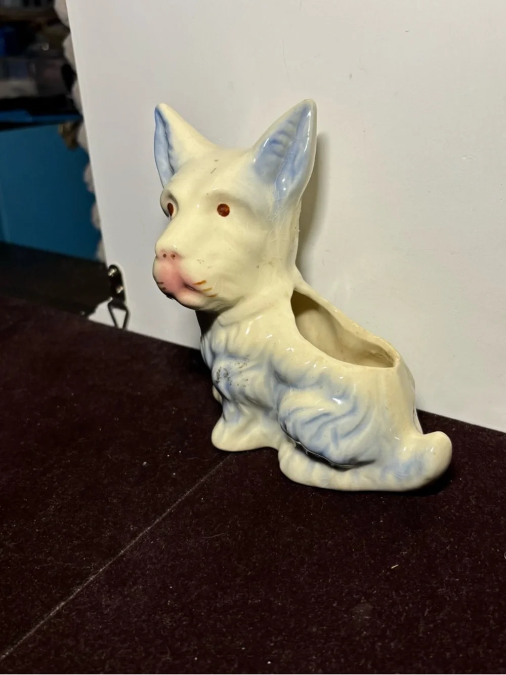 Ceramic Dog Planter - White and Light Blue Decorative Pet Figurine